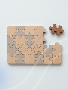 Piezas encajando con precisión, simbolizando cómo la coherencia en los pequeños detalles construye confianza en la marca